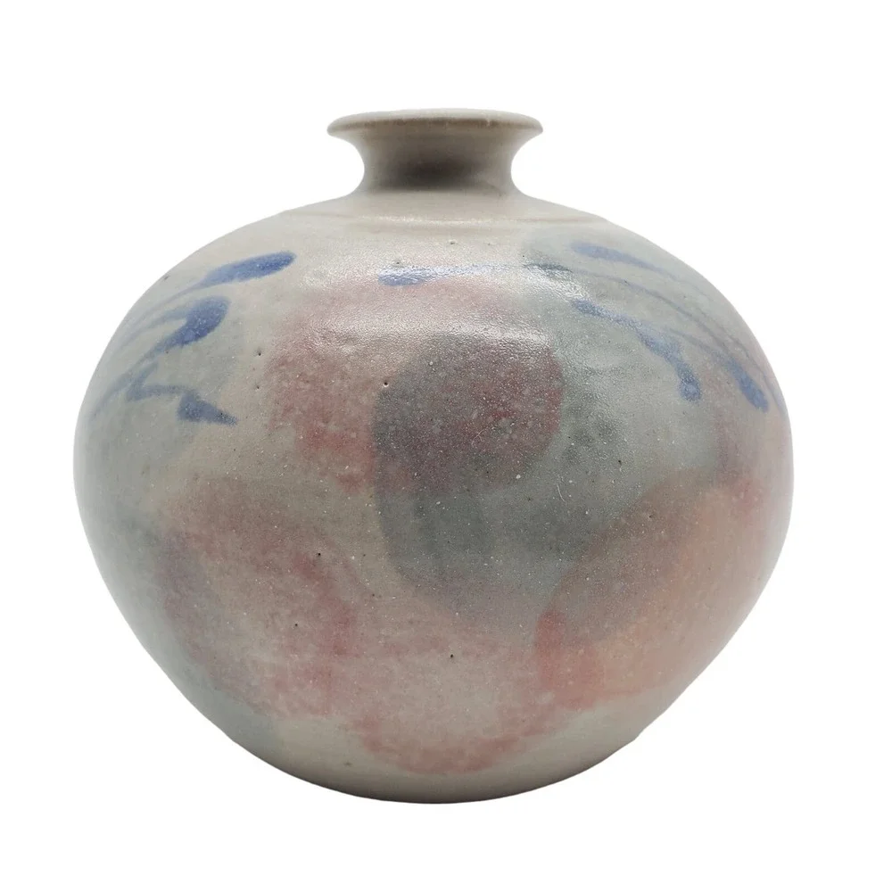 Gray Squat Art Pottery Vase Pastel Pink Blue Abstract Signed Ceramic Pot Vintage